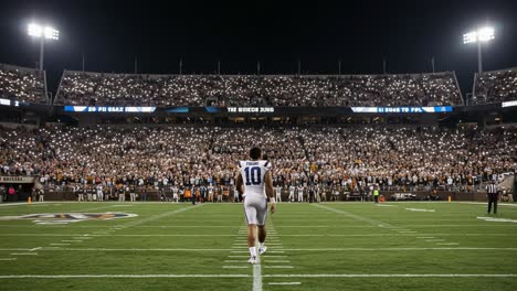 a captivating moment in sports: a football player walks towards a sea of lights as fans illuminate the stadium in a nighttime show of unity and passion