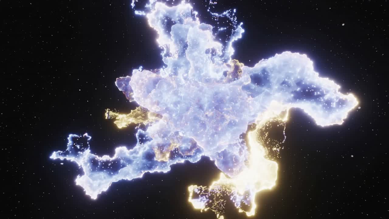 Rotating nebula-like cloud responding to filament surge in dark starfield, brightening central core