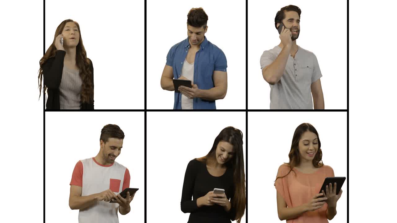 휴대전화와 디지털 태블릿을 사용하는 사람들을 보여주는 여러 화면