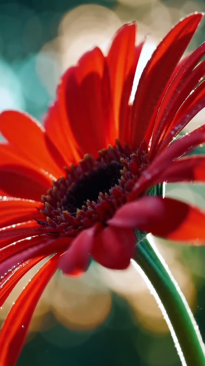 Video ravvicinato di un vibrante fiore rosso con una ripresa dal basso, che ne evidenzia i petali.