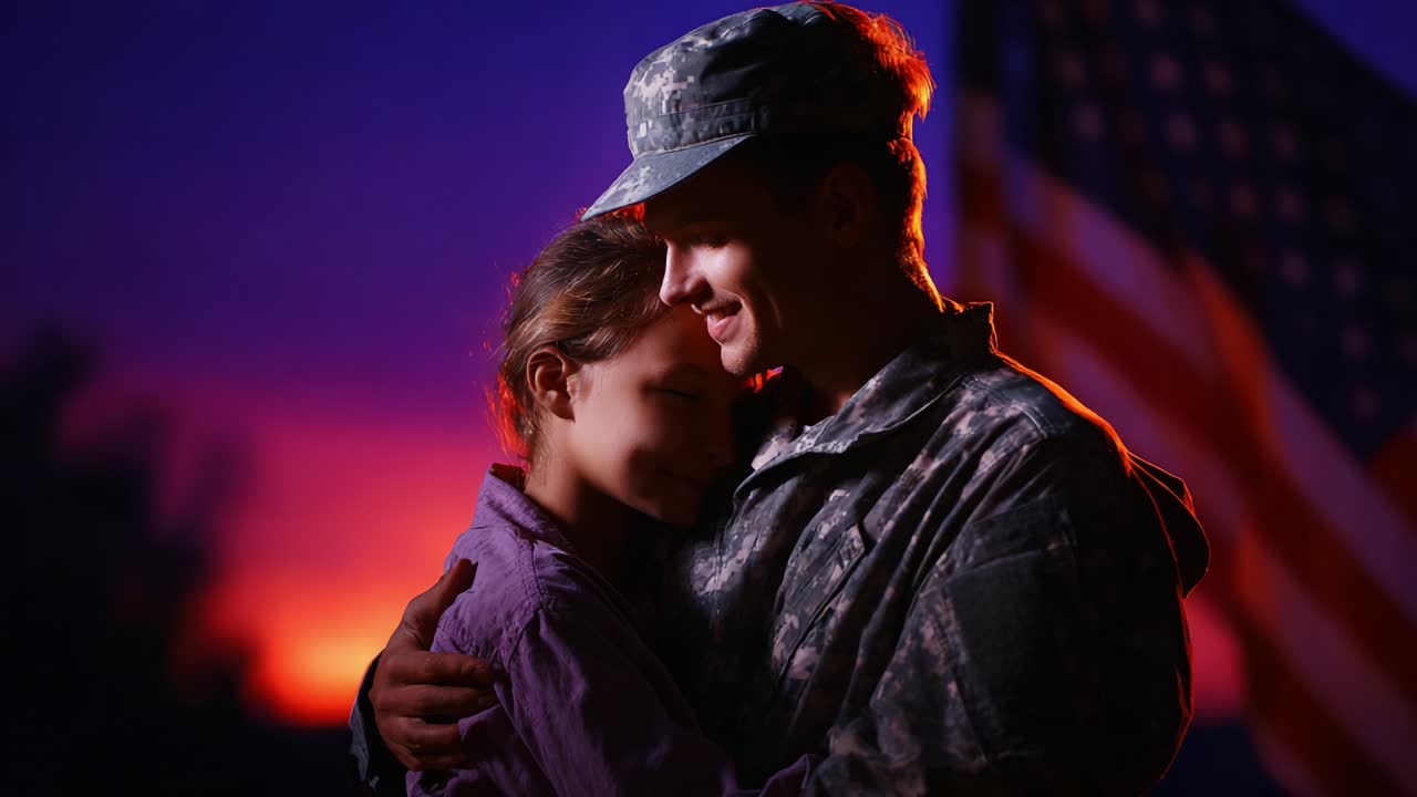A heartfelt reunion at dusk, capturing the emotional bond between a soldier in military uniform and a child, framed by a backdrop of a vibrant sunset and the American flag, symbolizing love and sacrifice