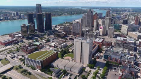 high angle aerial shot of downtown detroit