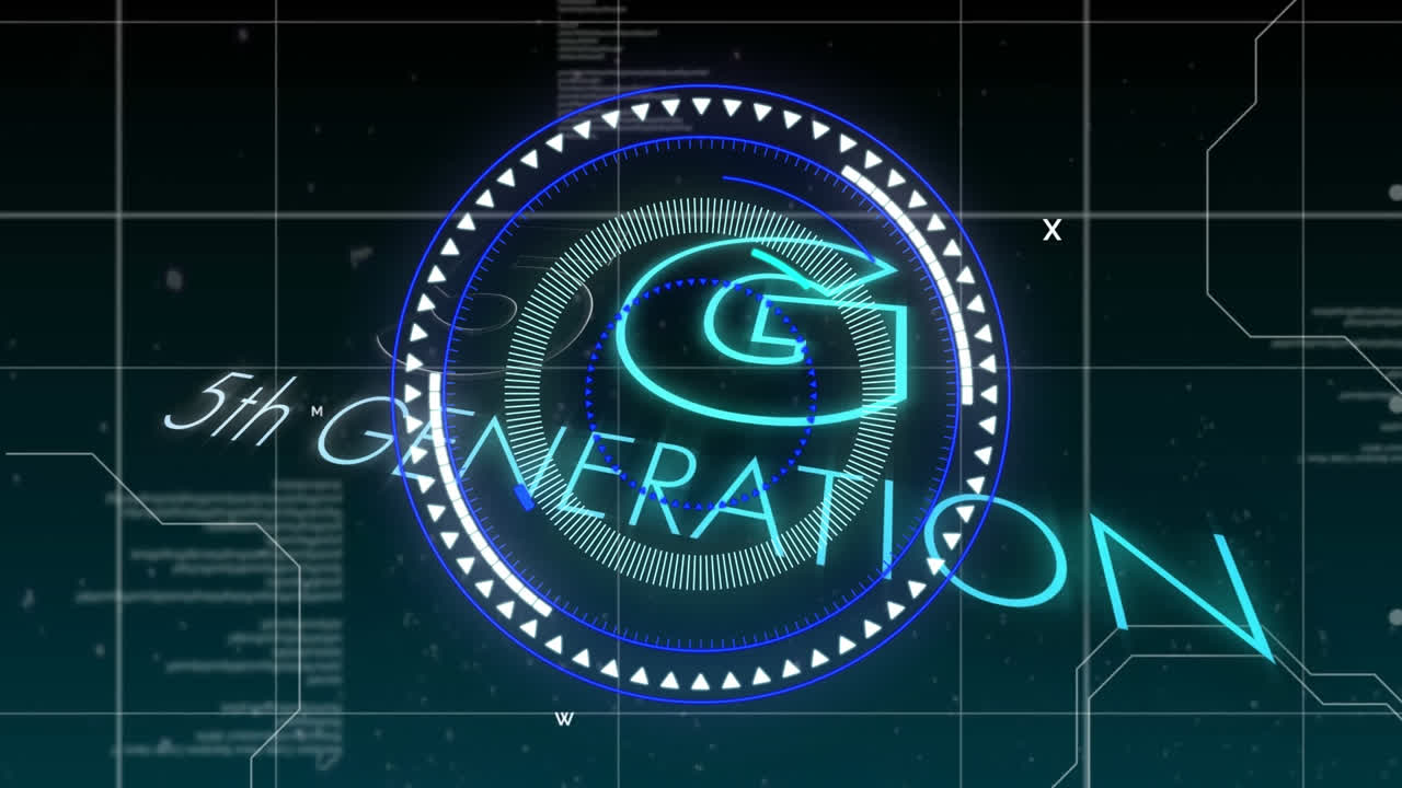 animación de texto de neón 5g sobre escáner redondo y procesamiento de datos sobre red de red