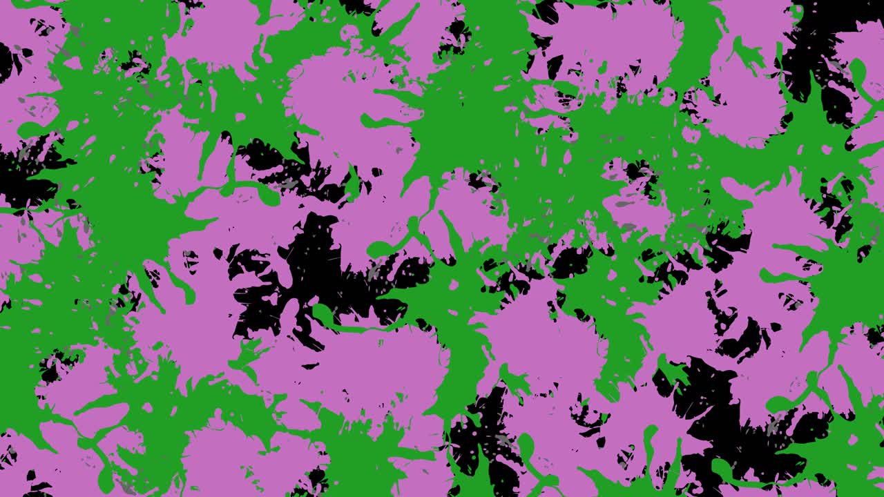 Animation of purple and green splashes of paint on black background