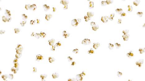 flying many popcorns on white background. white salty popcorn. healthy food. corn seed. 3d loop animation of popcorn rotating.