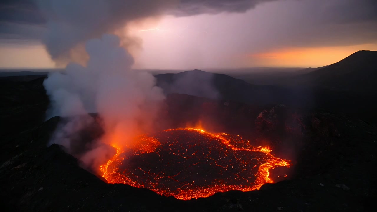 Lampo che illumina un lago di lava fusa che ribolle nel cratere al tramonto, rilasciando pennacchi di vapore.