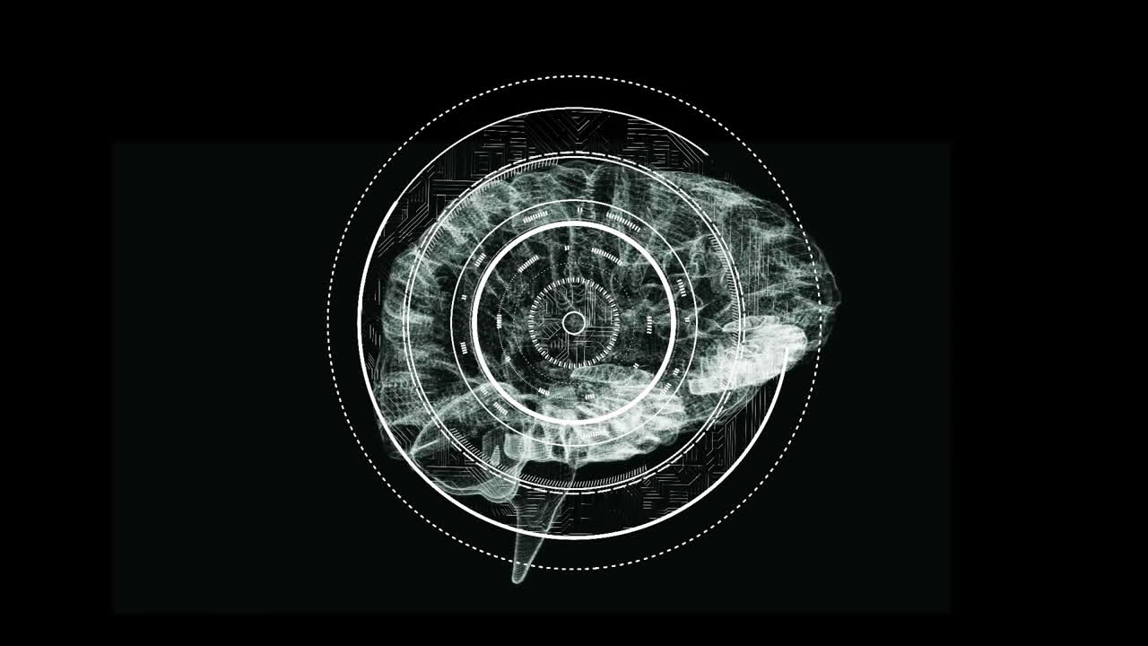검은 바탕에 회전하는 3d 빛나는  ⁇ 색 인간 뇌의 애니메이션