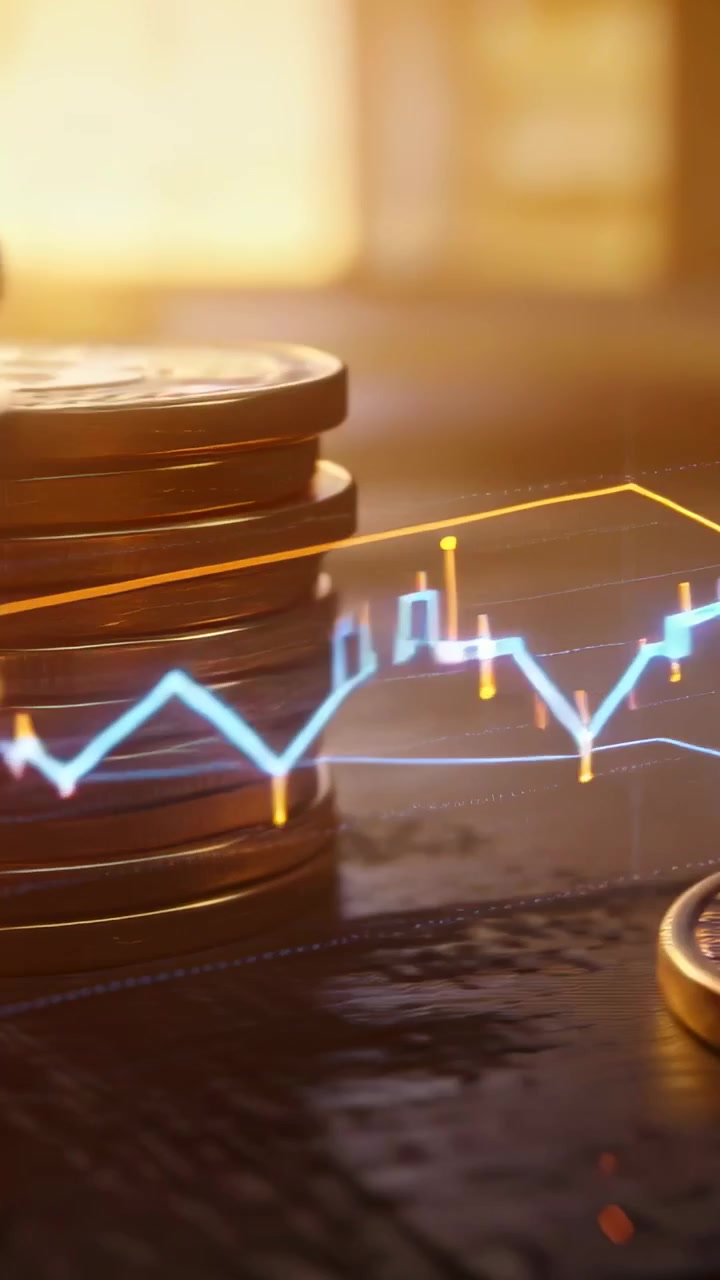 Video verticale: Mostra monete BTC che si spostano su un tavolo, con un'animazione del grafico che inizia a segnalare un rally