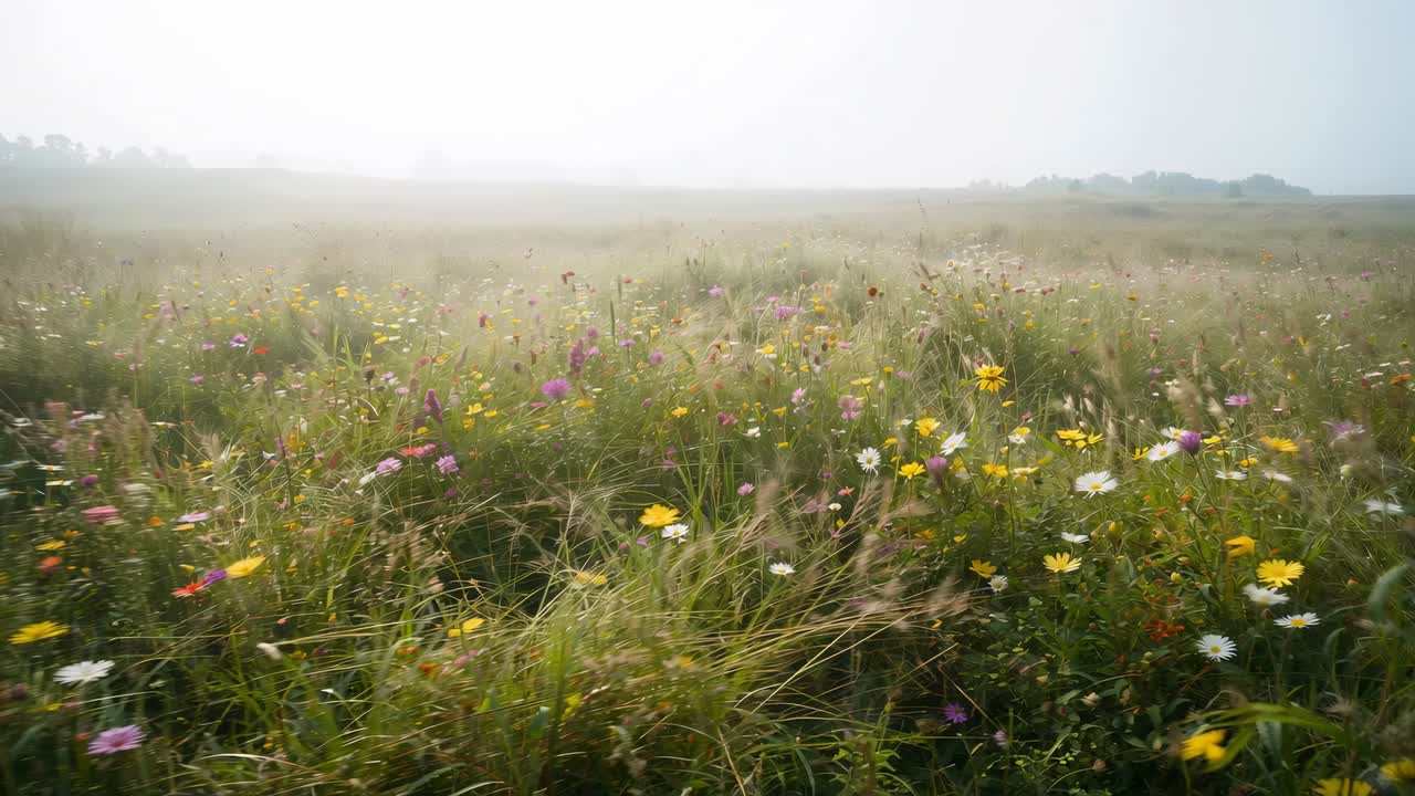 Moving camera advancing through misty meadow, wildflowers and grasses shifting into sharp focus
