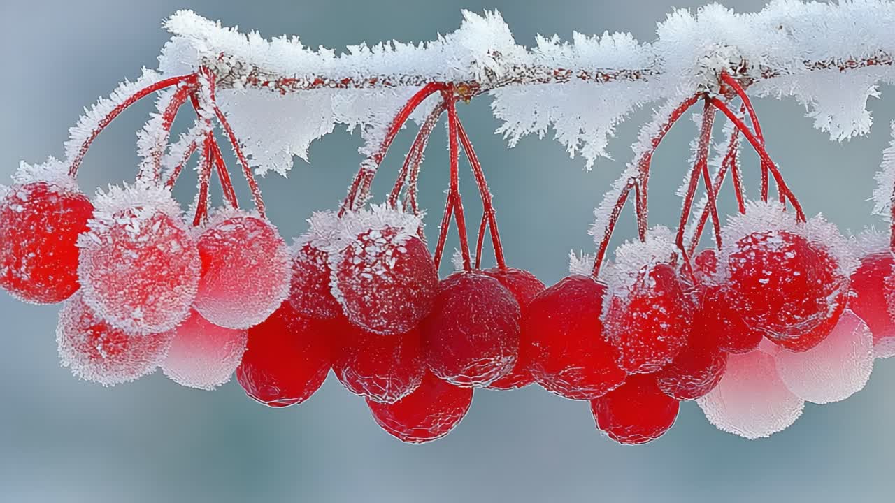 Frozen Red Cherries: A Stunning Display of Frost-Covered Fruit Captured in a Winter Wonderland, Showcasing Nature's Beauty and Resilience in the Cold