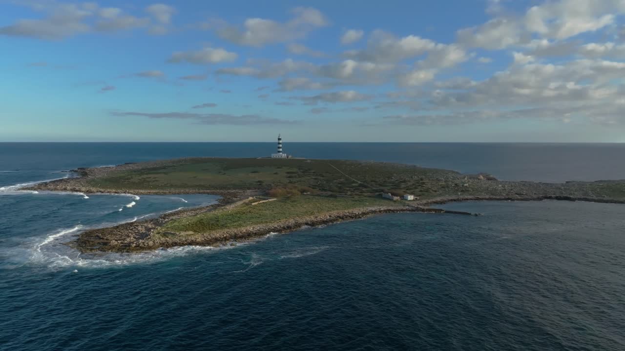 Aerial Establishing Shot — Illa de l’Aire Lighthouse, Isolated Islet, Menorca