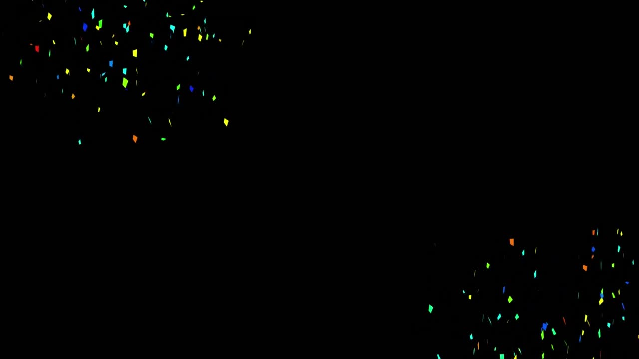 검은색 배경 위에 떠다니는 콘페티 글씨와 다채로운 콘페티의 애니메이션