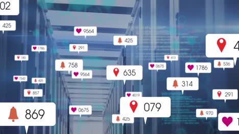 Animation-of-multiple-social-media-icons-and-data-processing-against-computer-server-room