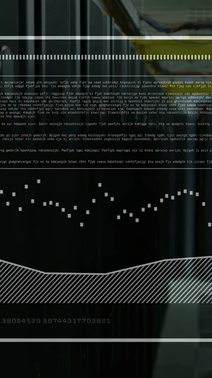 Vertical video: Server racks in datacenter aisle overlay appearing then animating metrics on racks