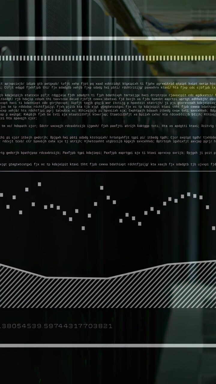 Vertical video: Server racks in datacenter aisle overlay appearing then animating metrics on racks