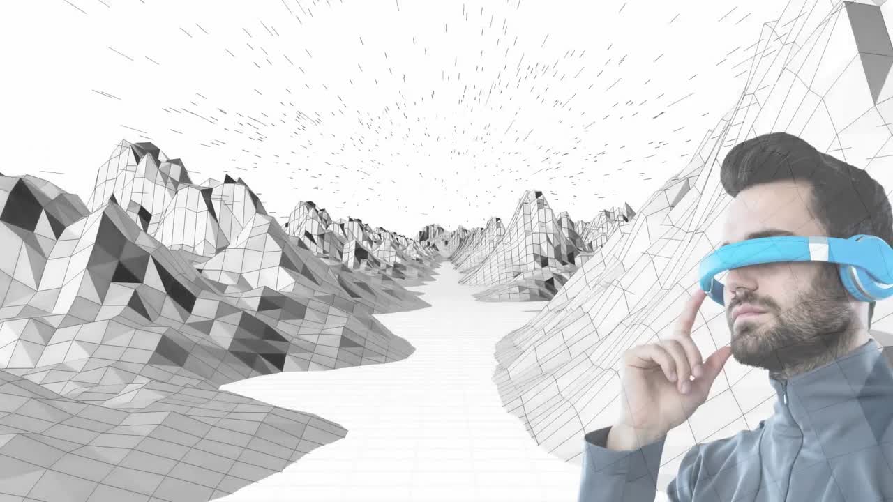 백인 배경에 3d 산 구조물에 대해 vr 안경을 착용 한 백인 남성