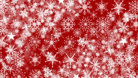 animación de nieve cayendo sobre copos de nieve en fondo rojo en navidad