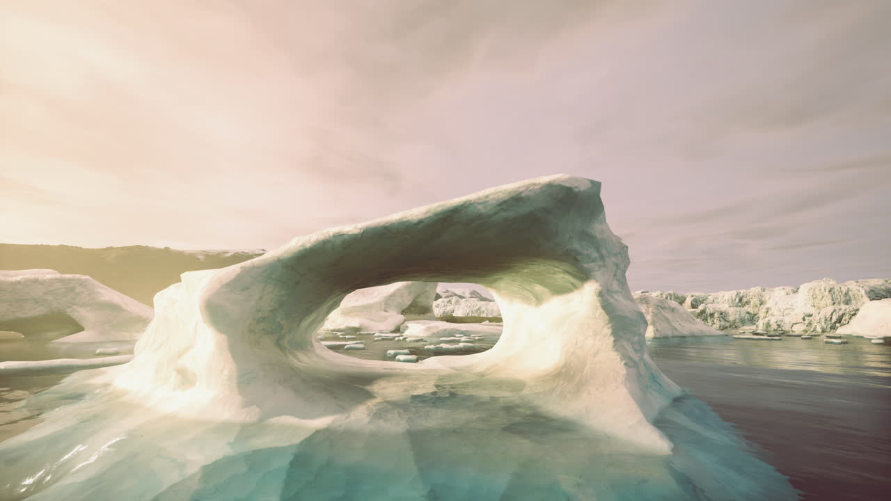 Stunning ice arch formed in a frozen landscape with tranquil water reflections