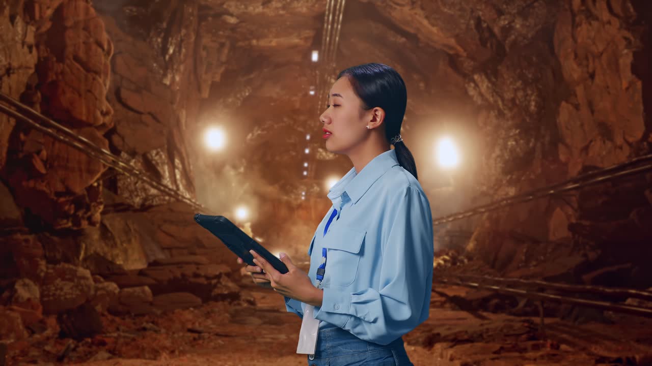 Side View Of Asian Female Professional Worker In Underground Mine Tunnel, Observes By Looking Up Before She Come To Concentrating On The Tablet And Keep On Checking