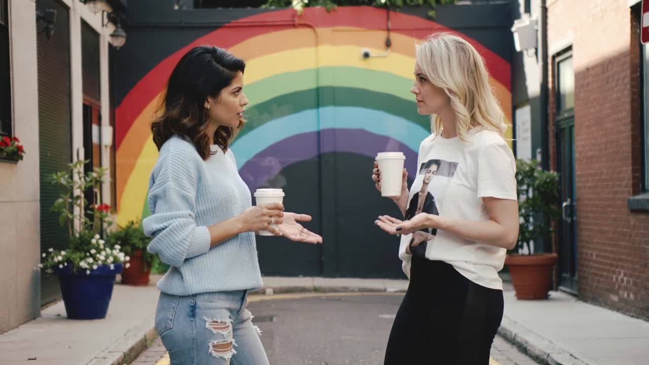 Donne con maglione blu e maglietta bianca che si guardano, con tazze in mano, chiacchierando in un vicolo con un murale arcobaleno.