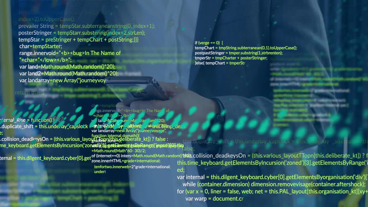 Using smartphone, business professional viewing animation of programming code and data