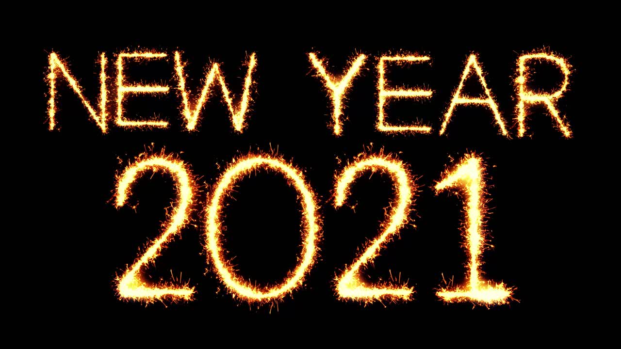 New year 2021 text sparkler writing with glitter sparks particles firework on black 4k loop