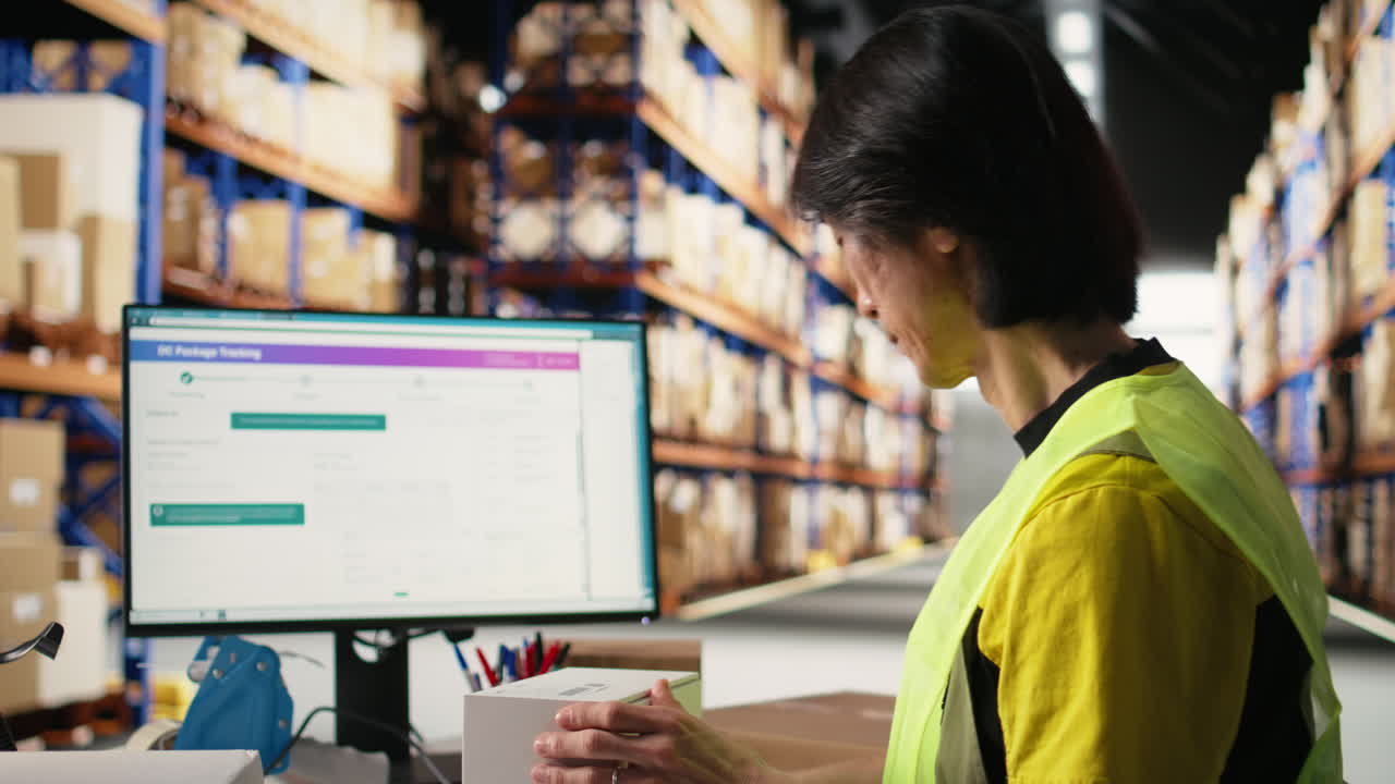 Vertical Video Industrial worker in hi vis vest placing shipping labels and scanning awb