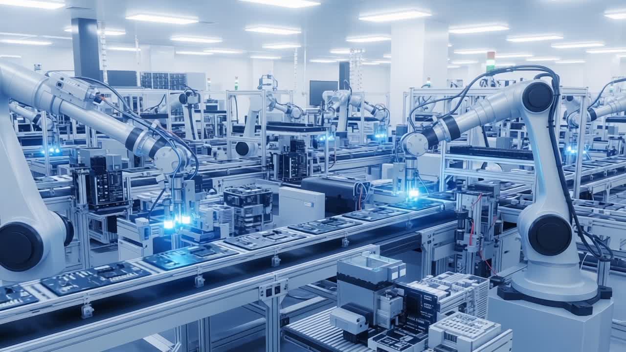 Advanced Automated Production Line Featuring Robotic Arms in an Assembly Environment Focused on Precision and Efficiency, Streamlining Manufacturing Processes