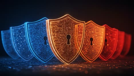 a colorful display of digital shields representing modern cybersecurity concepts, highlighting protection, encryption, and data safety through innovative designs