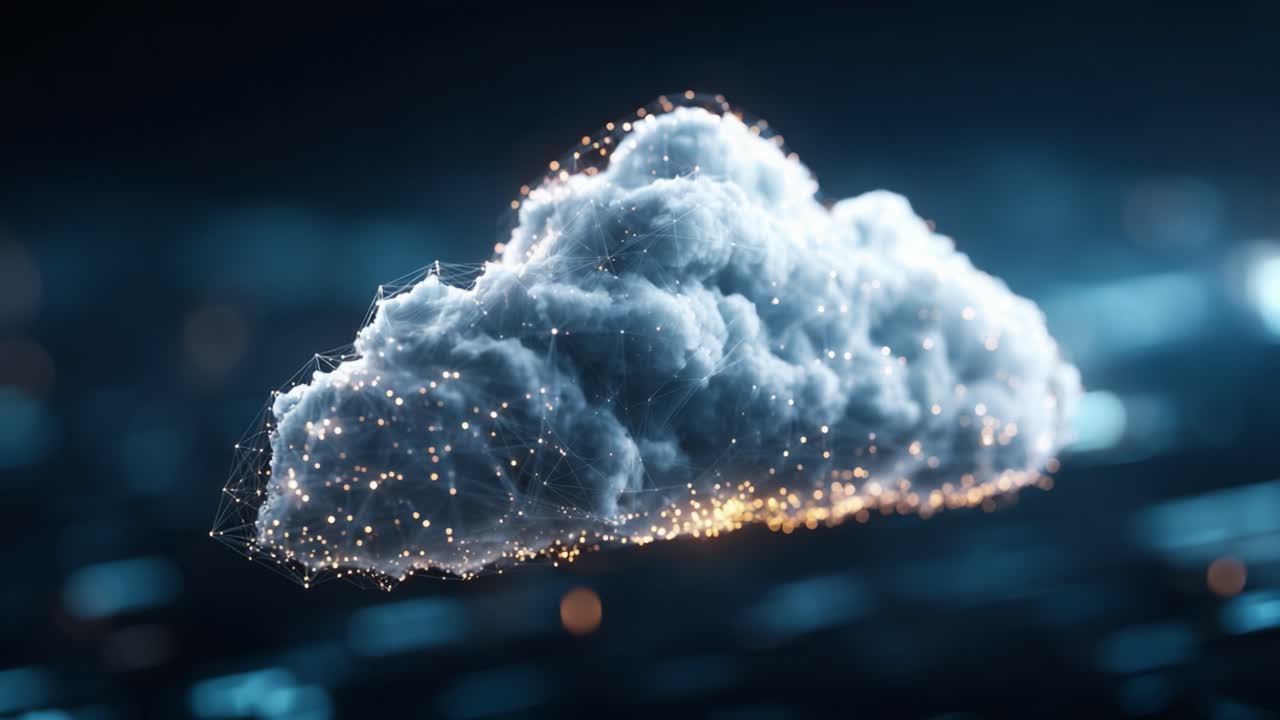 A Stunning Visualization of a Digital Cloud, Illuminated with Glowing Particles, Representing Modern Technology and Atmospheric Effects in a Futuristic Setting