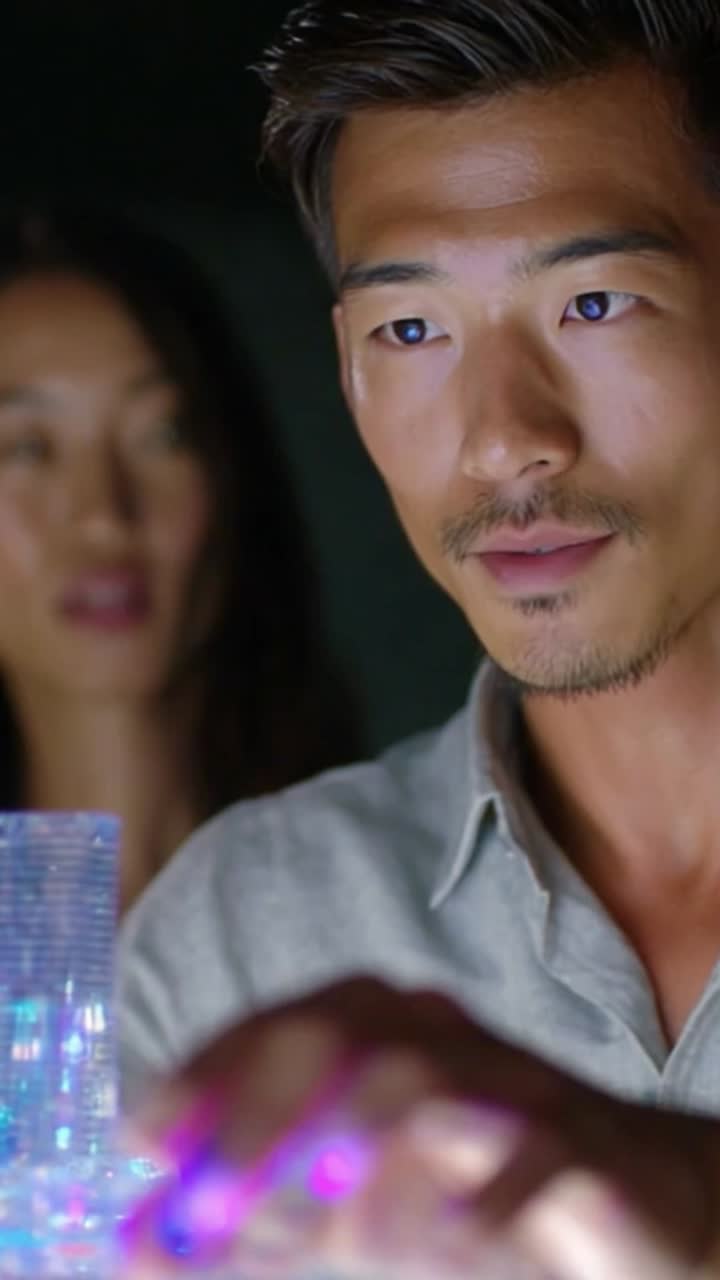 A focused individual interacts with an illuminated device, revealing intricate details as a woman observes intently, showcasing a blend of technology and curiosity