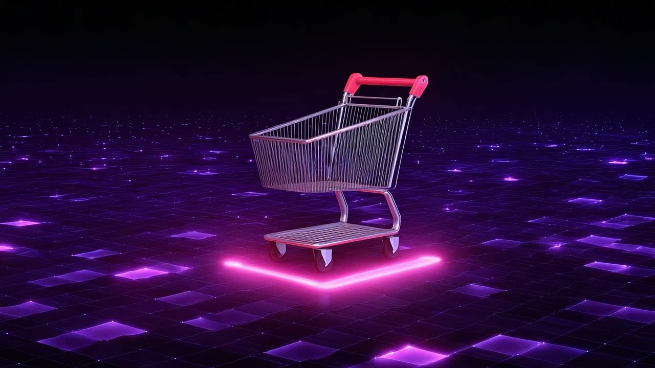 A Modern Shopping Experience: A Glowing Shopping Cart Set Against a Futuristic Background of Neon Lights and Digital Patterns