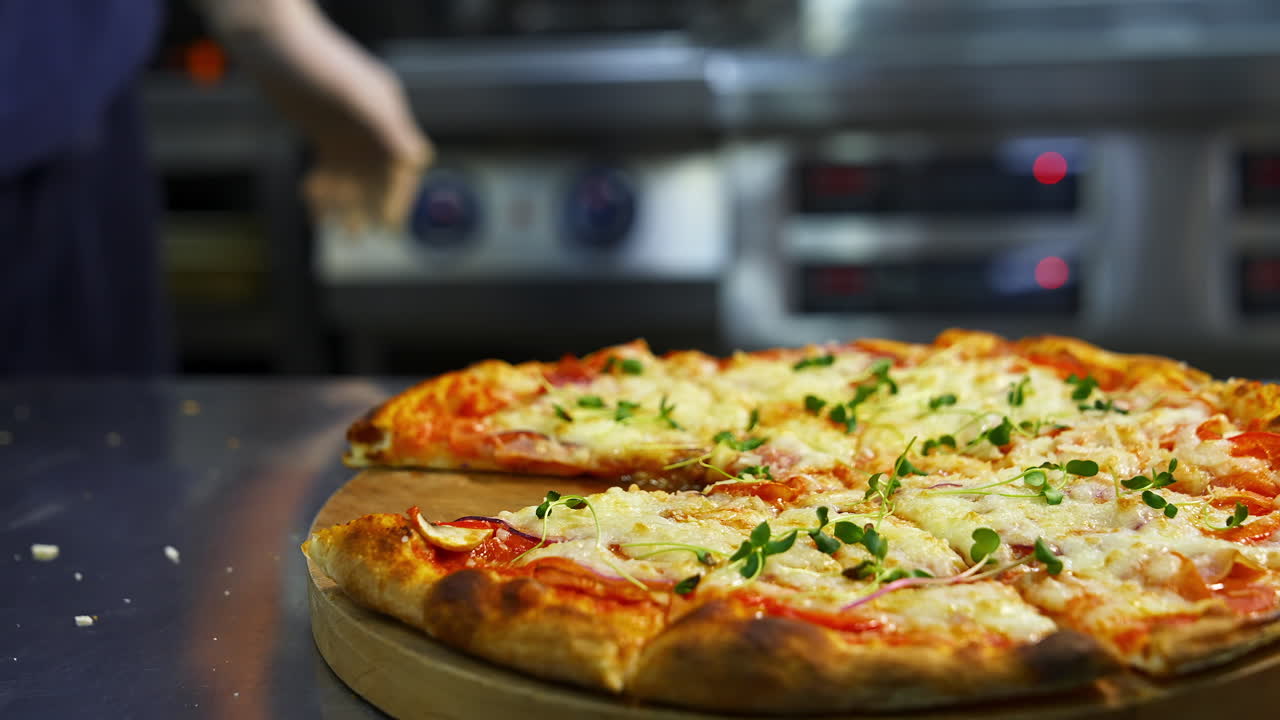 Hand taking pizza slice. Hot tasty pizza ready to eat. Pizza on a wooden board. Delicious pizza with fresh green sprouts. Close-up.