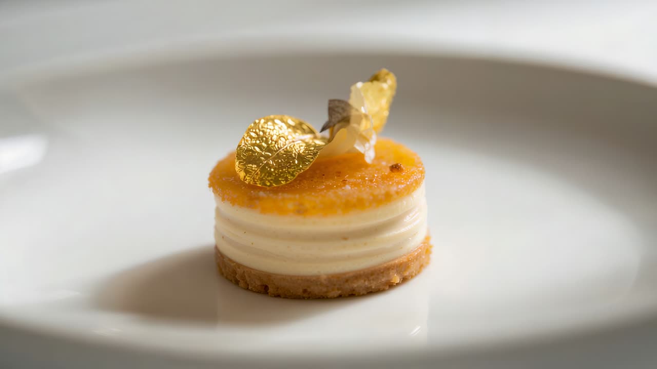 Panning camera revealing small layered dessert on white plate, showing orange top and gold leaf