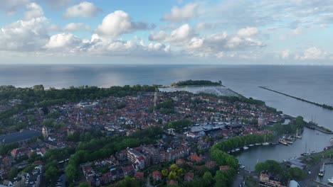 enkhuizen, the netherlands, flying over the city, view on the zuiderkerk and urban overview