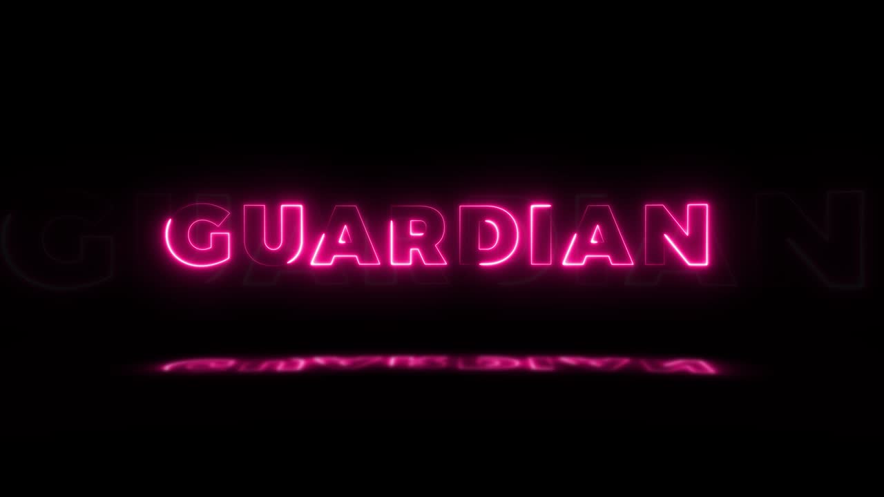 검은색 배경에 반사된 네온 불빛으로 빛나는 '가디언' 단어. 시엄리스 루프 모션 그래픽으로 네온 불꽃 표지판