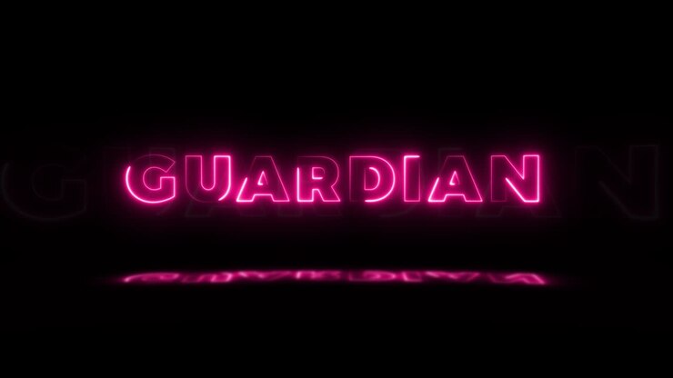 Word 'GUARDIAN' neon glowing on a black background with reflections on a floor. Neon glow signs in seamless loop motion graphic