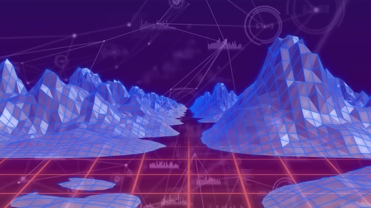 Low camera starting forward glide across neon wireframe valley, showing rotating HUD, mapping data