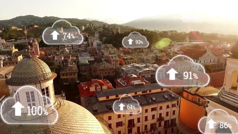 cloud storage usage animation over aerial view of city buildings
