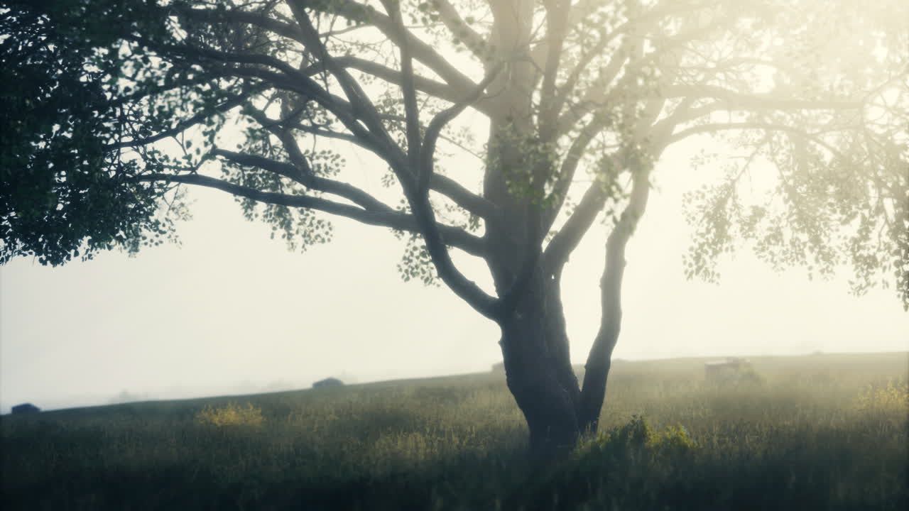 Mysterious morning mist envelops a solitary tree in a tranquil landscape