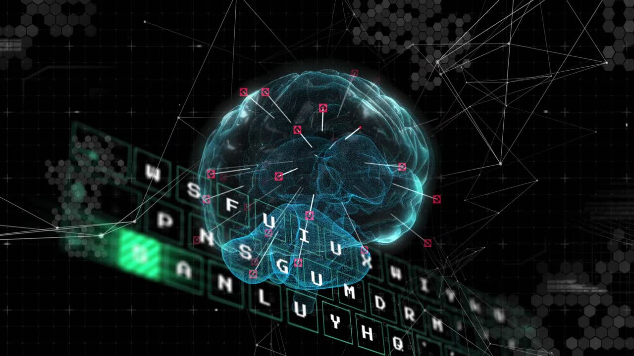 Animation of artificial intelligence text and data processing over human brain
