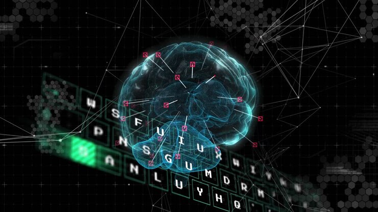 Animation of artificial intelligence text and data processing over human brain