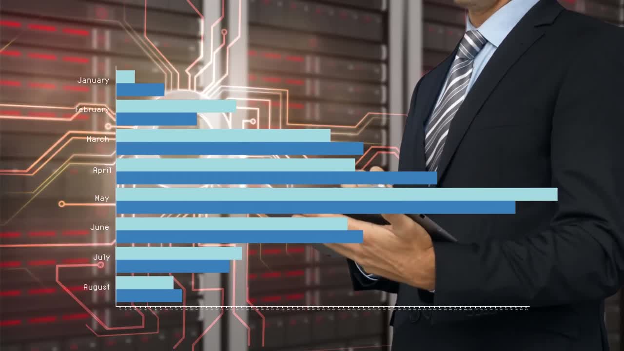 animación de gráficos sobre la sección media de un hombre de negocios caucásico usando una tableta