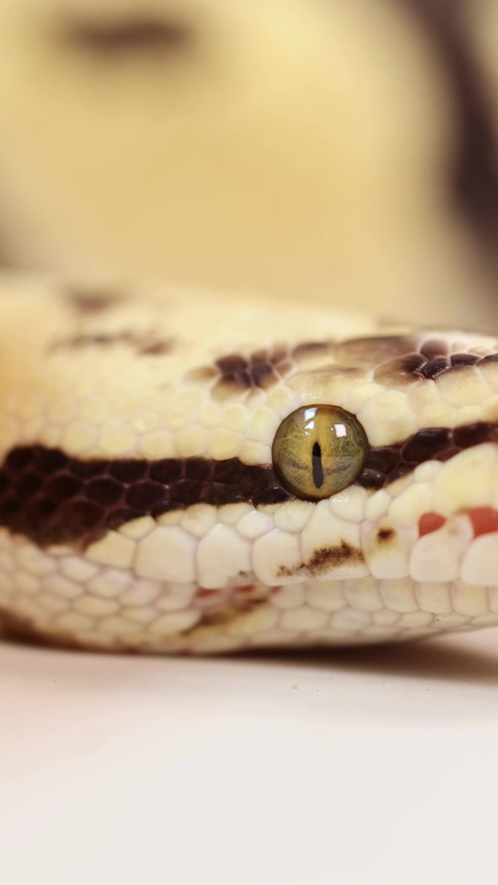 Un serpente del grano è osservato in un ambiente controllato, evidenziando le sue squame dettagliate e i movimenti degli occhi sotto una luce soffusa.