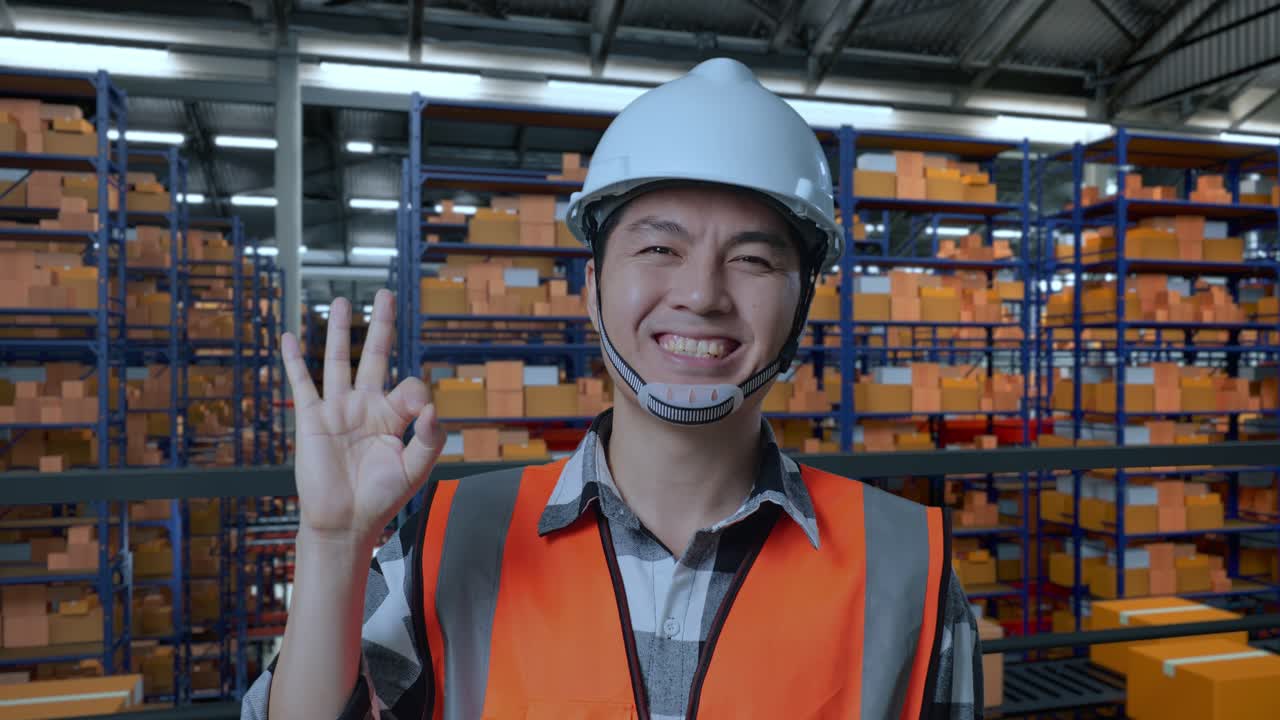 배달품으로 가득 찬 선반을 가진 창고에 서있는 안전 헬을 입은 아시아 남성 엔지니어의 클로즈업.
