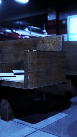 dark wooden bench in a waiting area