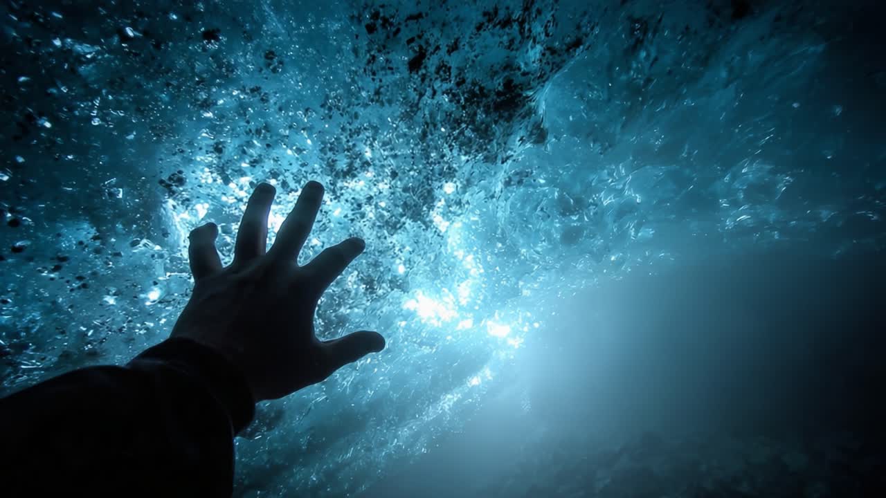 A Captivating Moment Beneath the Surface: A Hand Reaches Toward the Dazzling Shimmer of Water in an Underwater Scene Filled with Light, Reflections, and Mystique, Creating a Sense of Wonder and Exploration