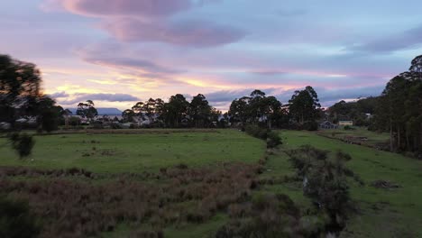 Drone-pan-up-over-grassy-plains,-slow-setting-sunset-over-island-beach-with-purple-and-orange-sky-and-mountain-range-with-small-shacks-and-forest-with-clouds