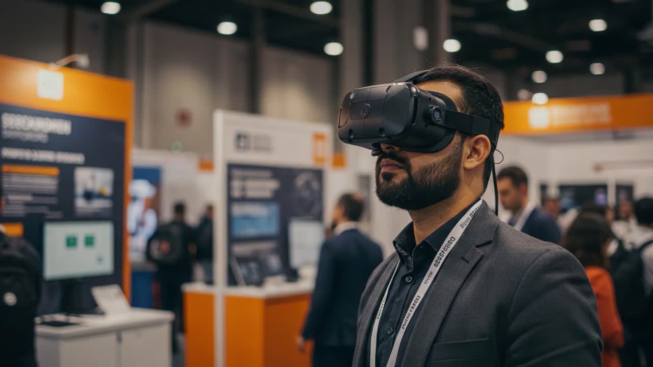 Exploring the Future of Technology: A Professional Engaged in Virtual Reality at a Dynamic Exhibition Showcasing Innovative Digital Solutions and Emerging Trends