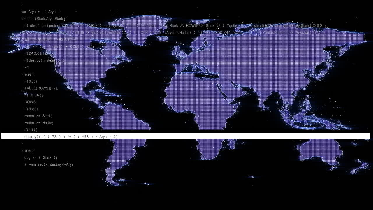 Animation of world map with data processing code in purple and black theme